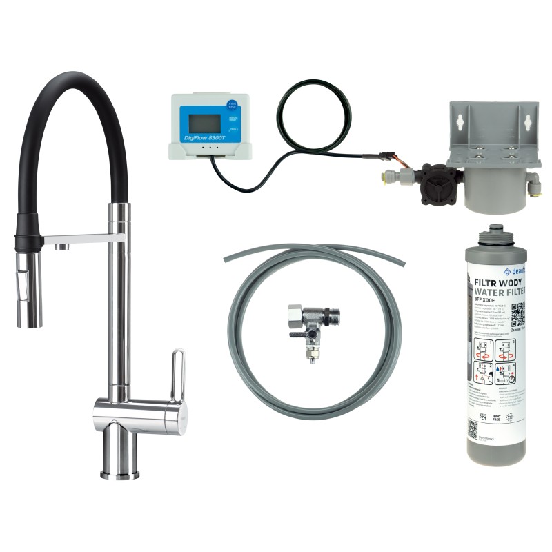 Bateria kuchenna z zestawem do filtracji wody z elastyczną wylewką                            