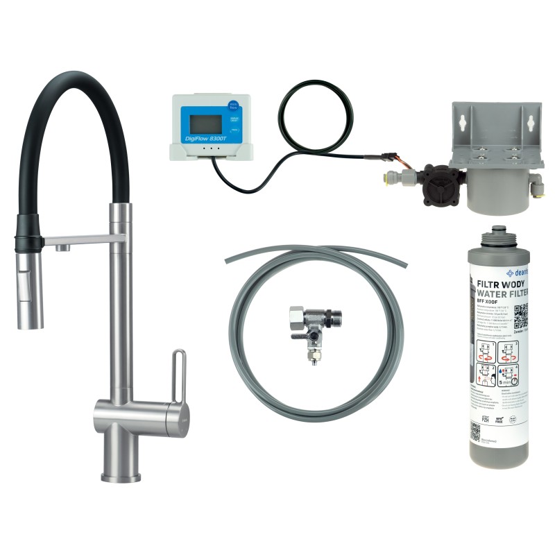 Bateria kuchenna z zestawem do filtracji wody z elastyczną wylewką                            